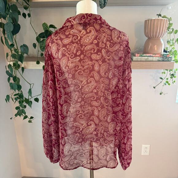 Express Burgundy Paisley Long Sleeve Sheer Button Front Blouse Large Office Fall - Picture 2 of 7